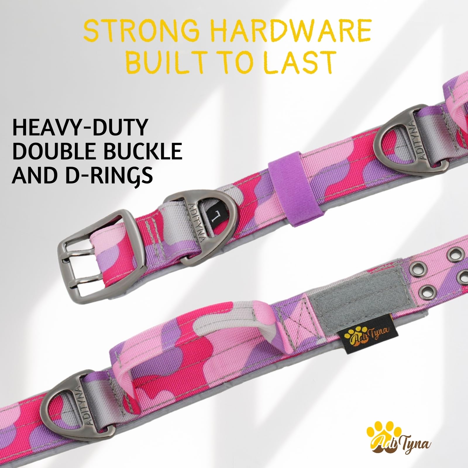 Adityna Heavy Duty Dog Collar For Medium Dogs - Camo Pink Purple Collar With Handle For Training, And Walking - Wide, Thick, Tac